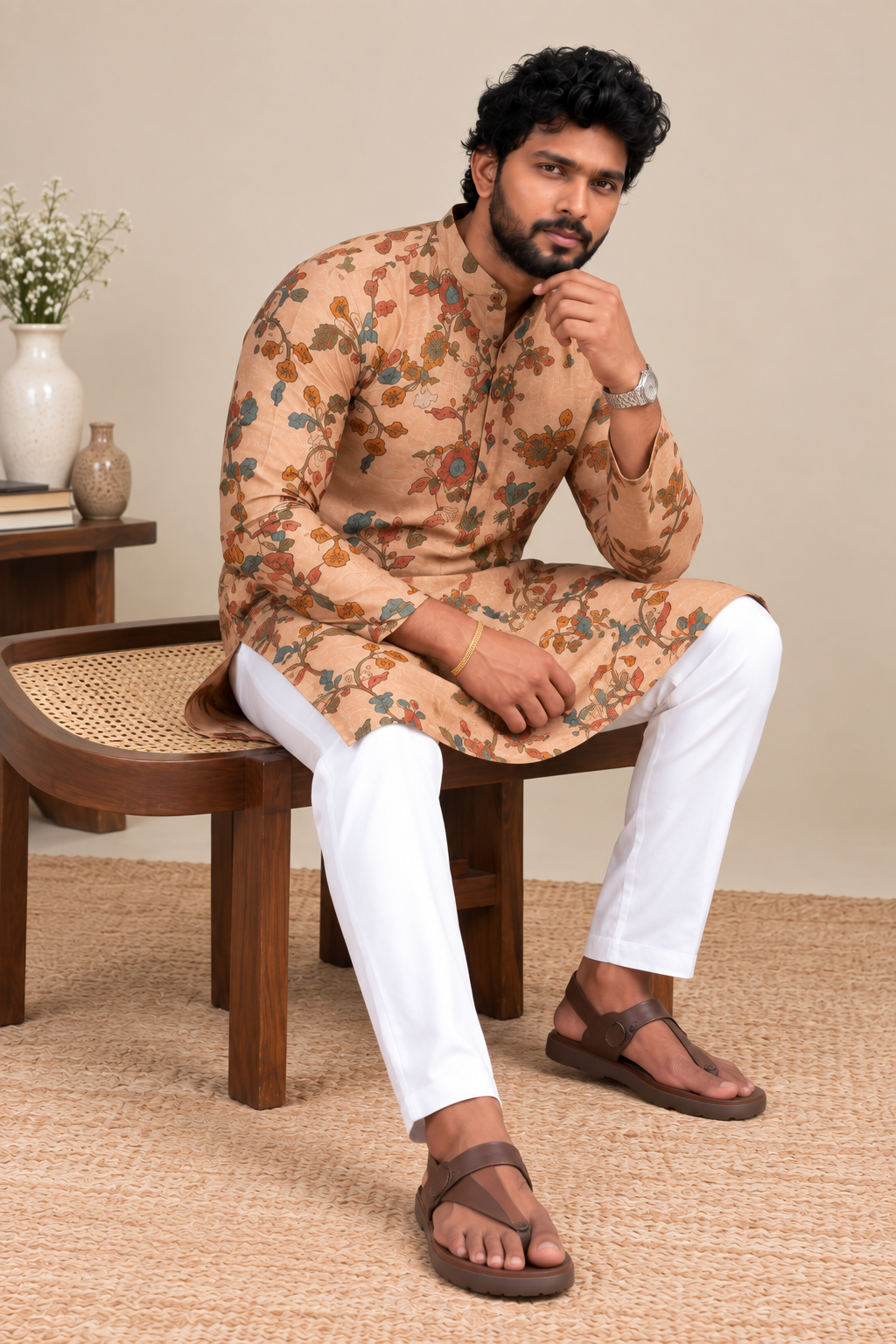 Peach Premium Mogra Chanderi elegant floral Kalamkari Kurta