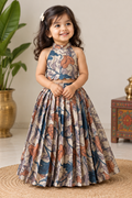 Beige & Teal Blue Kalamkari Floral Printed Girls Lehenga