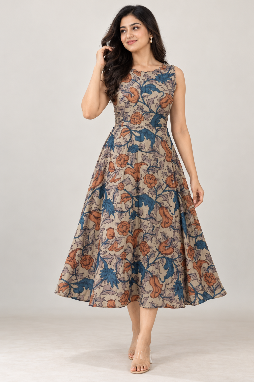 Kalamkari Floral - Beige & Teal Blue Women's Frock