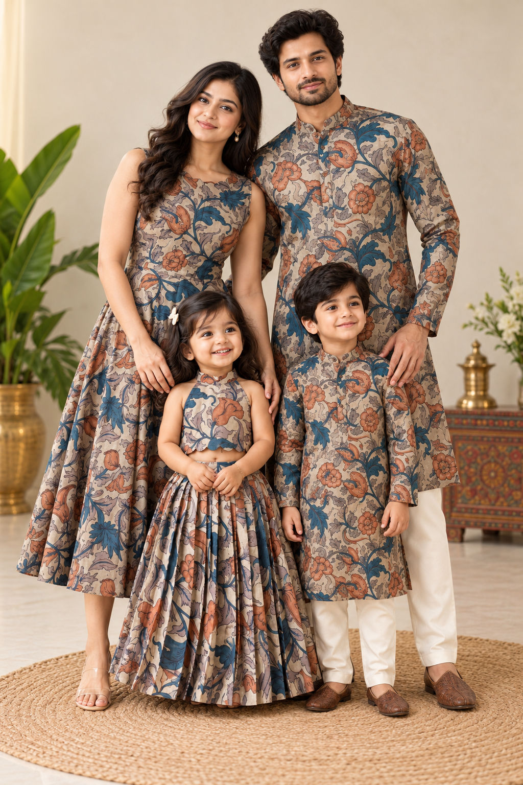 Beige & Teal Blue Kalamkari Floral Printed Girls Lehenga