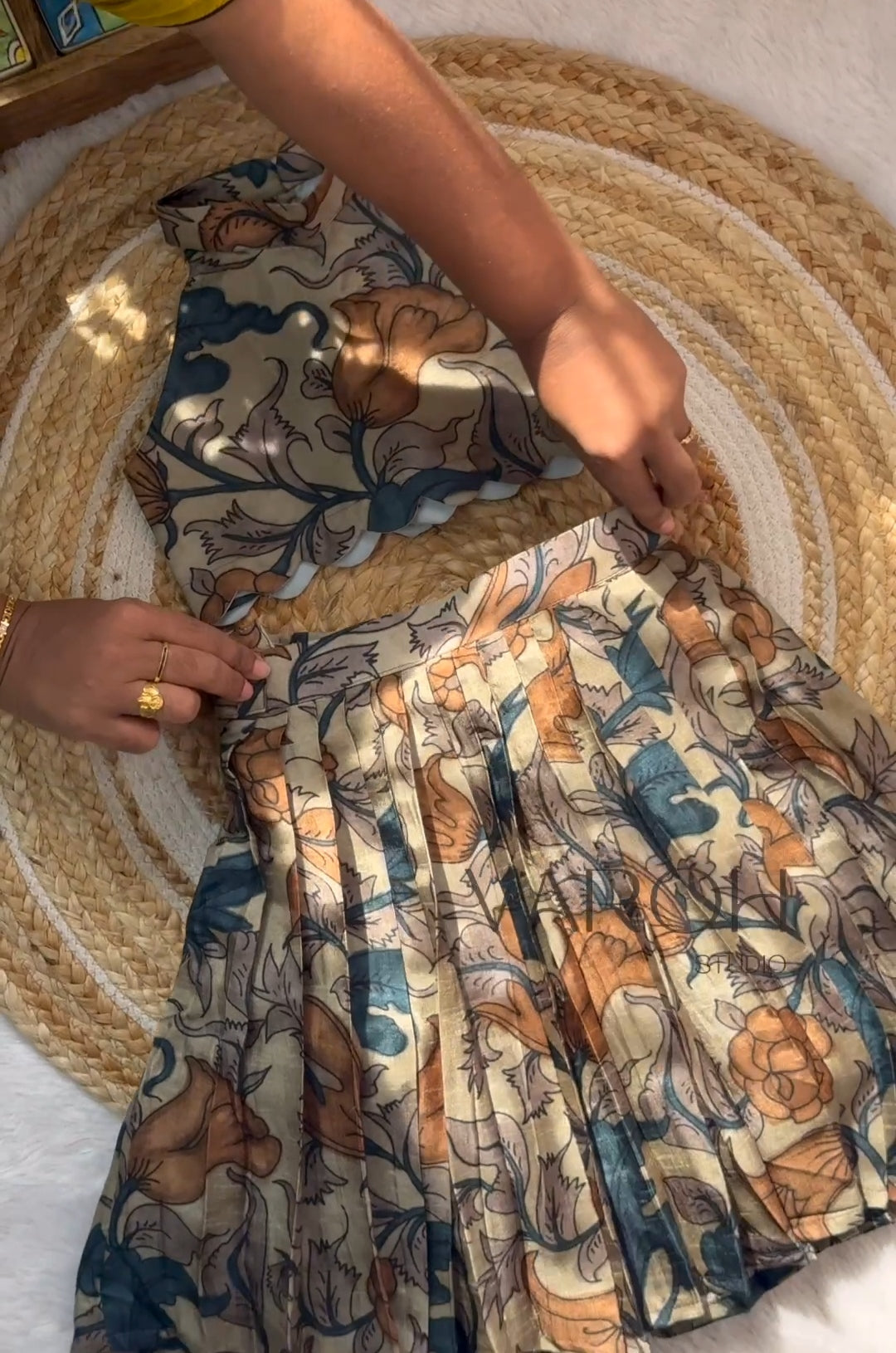 Beige & Teal Blue Kalamkari Floral Printed Girls Lehenga