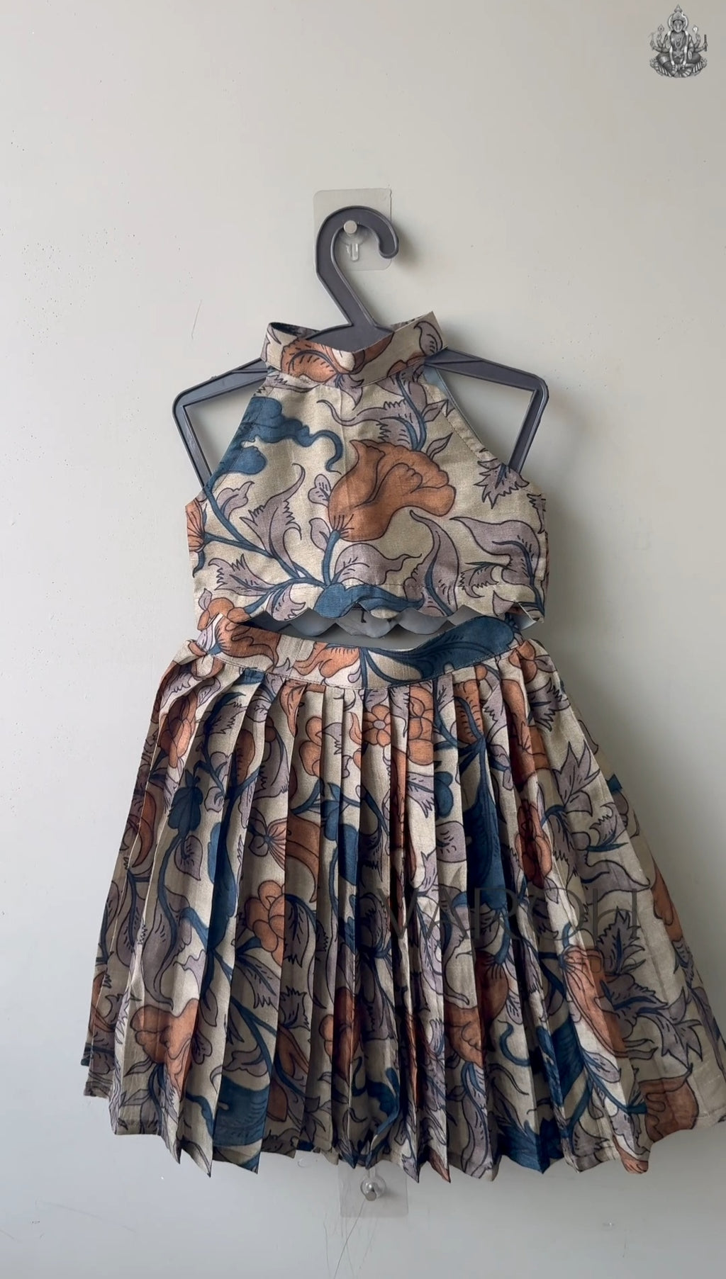 Beige & Teal Blue Kalamkari Floral Printed Girls Lehenga
