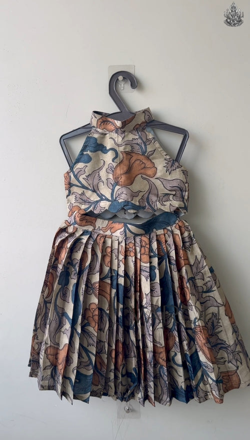 Beige & Teal Blue Kalamkari Floral Printed Girls Lehenga