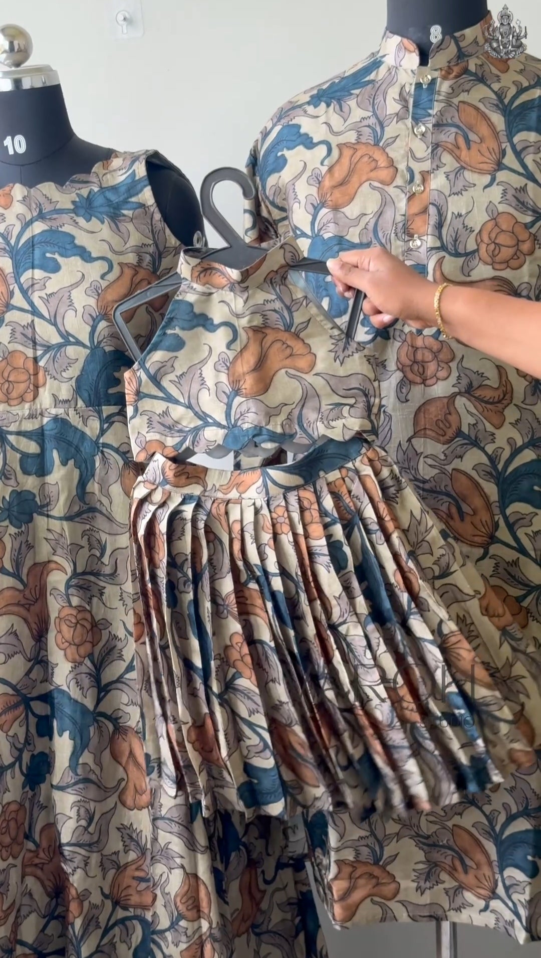 Beige & Teal Blue Kalamkari Floral Printed Girls Lehenga