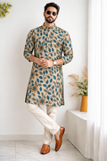 Beige & Teal Blue Floral Kalamkari men's kurta