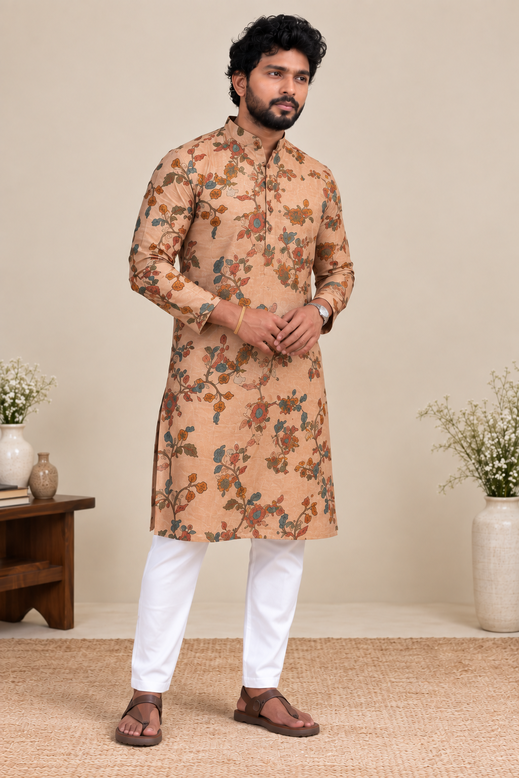 Peach Premium Mogra Chanderi elegant floral Kalamkari Kurta