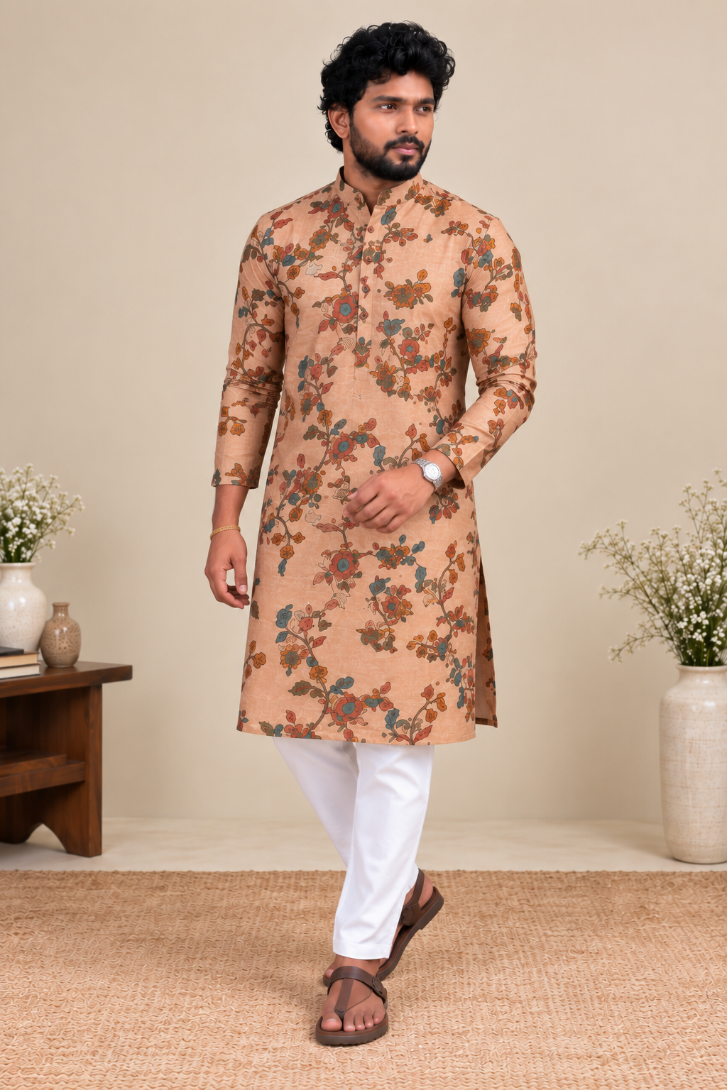 Peach Premium Mogra Chanderi elegant floral Kalamkari Kurta