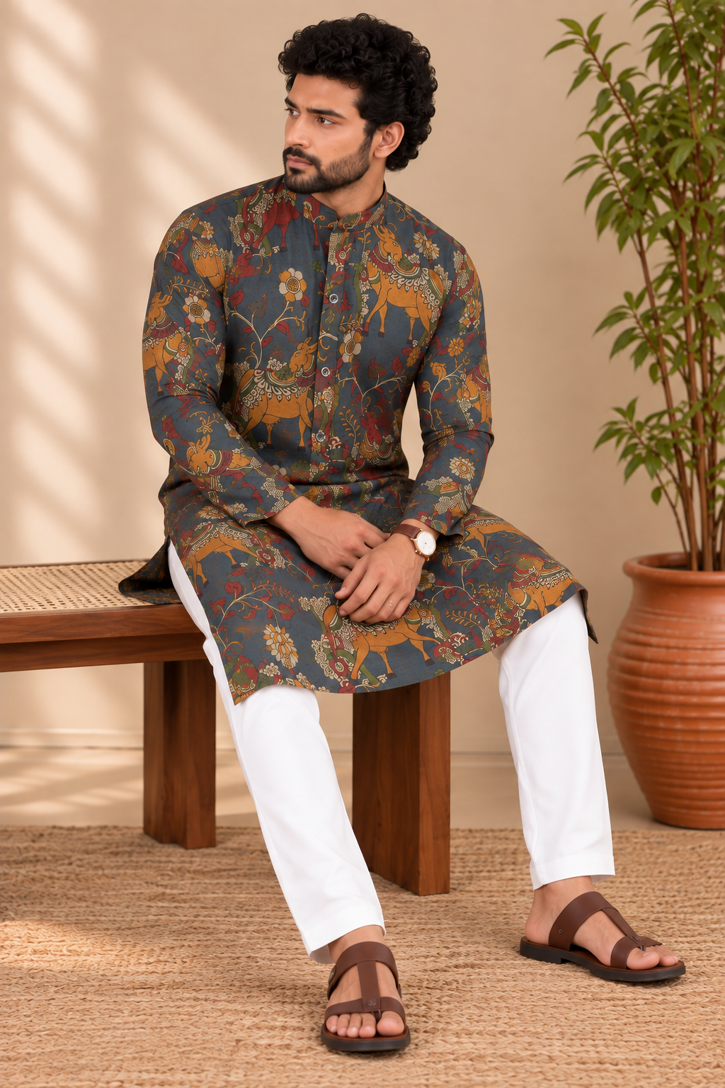 Charcoal Blue Kalamkari Kurta – Mogra Chanderi