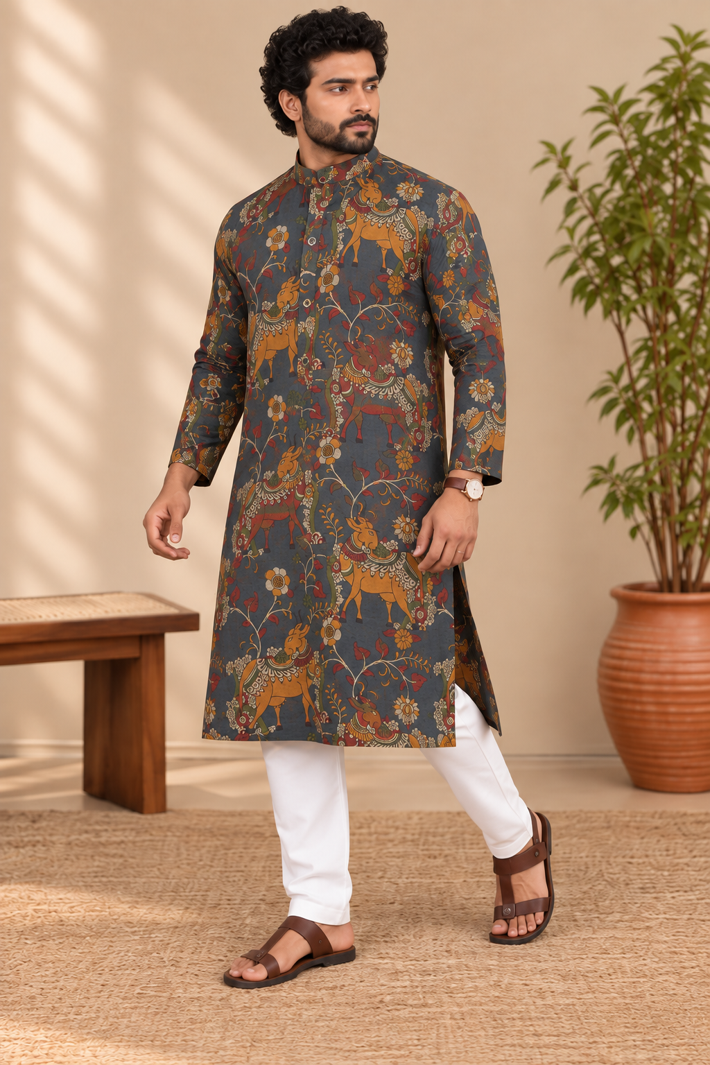 Charcoal Blue Kalamkari Kurta – Mogra Chanderi