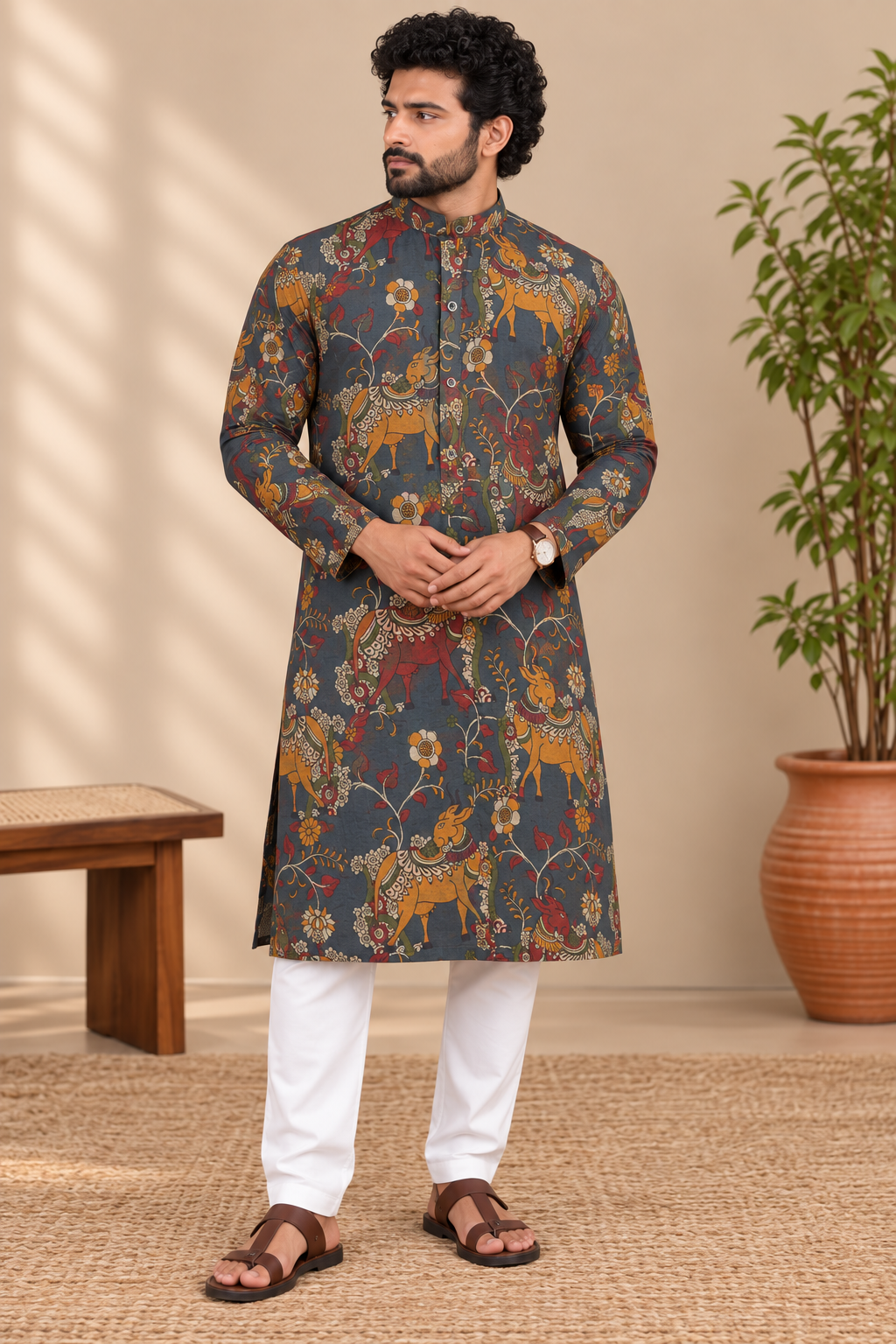 Charcoal Blue Kalamkari Kurta – Mogra Chanderi