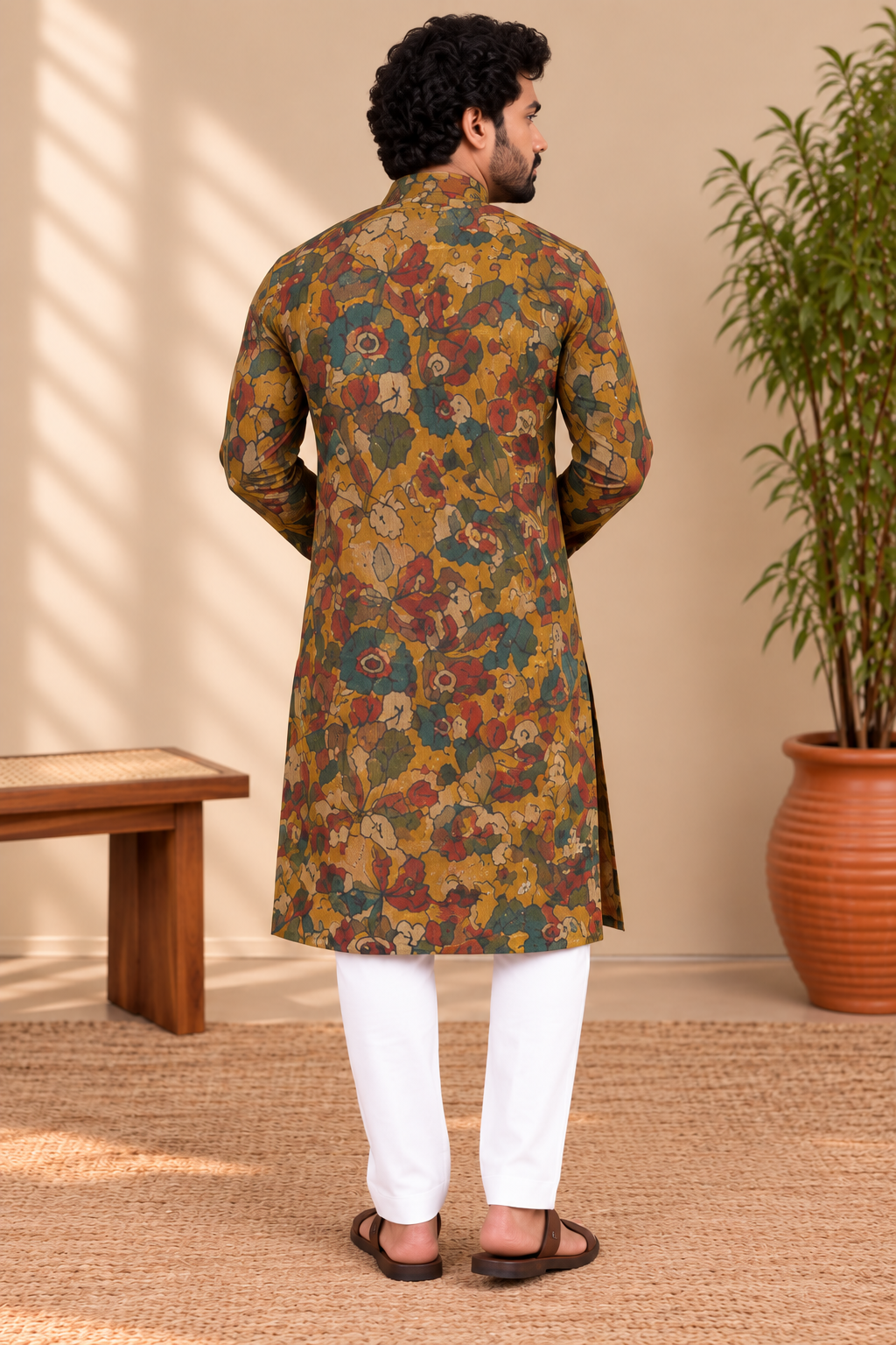 Mustard Gold Floral Kalamkari Kurta – Mogra Chanderi