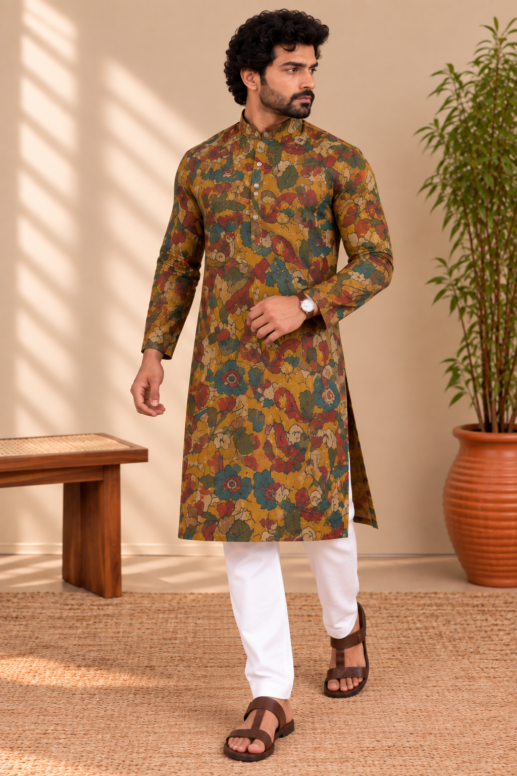 Mustard Gold Floral Kalamkari Kurta – Mogra Chanderi