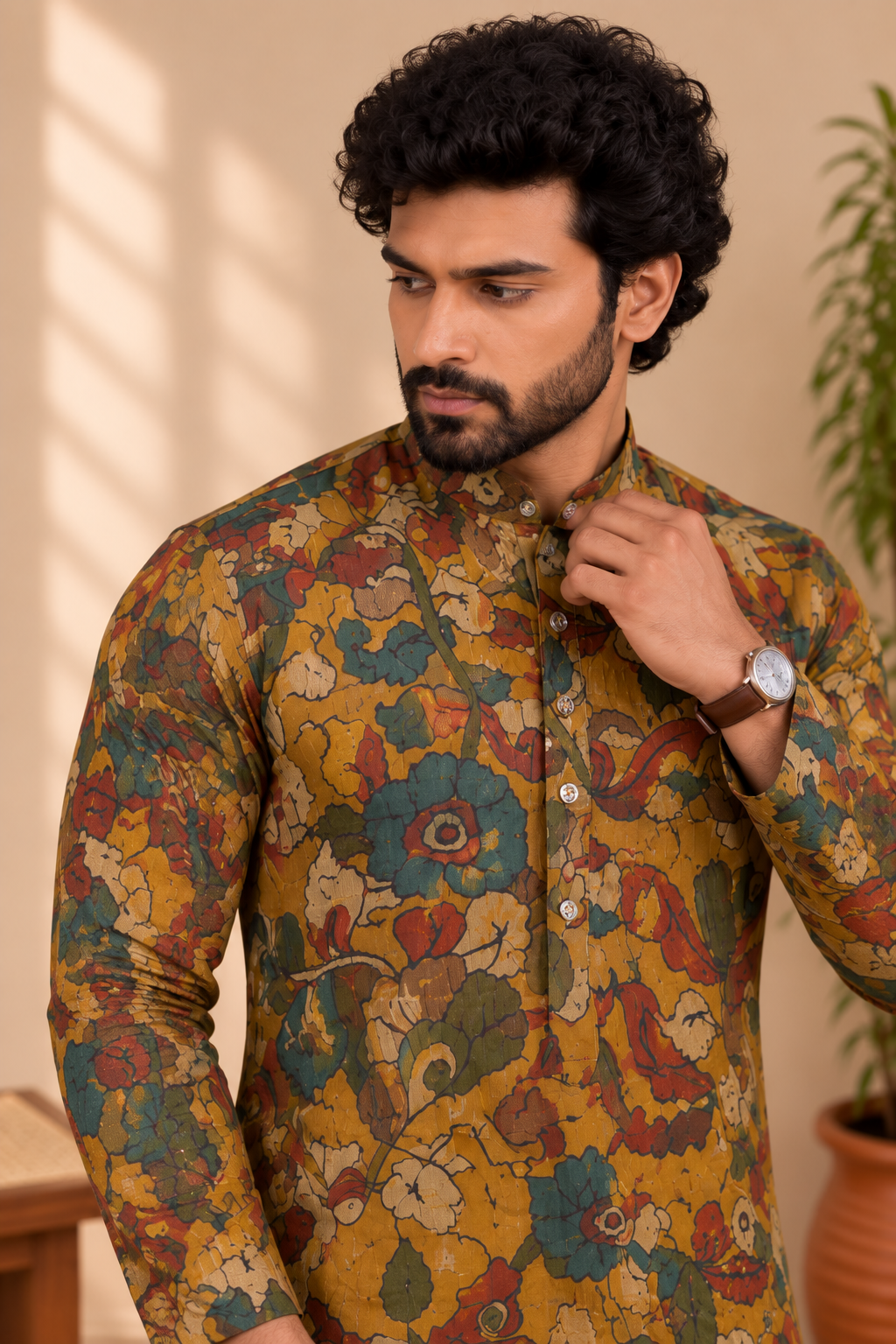 Mustard Gold Floral Kalamkari Kurta – Mogra Chanderi