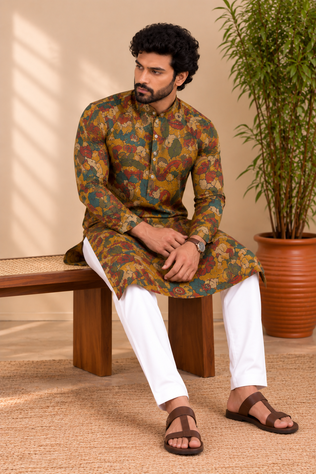 Mustard Gold Floral Kalamkari Kurta – Mogra Chanderi
