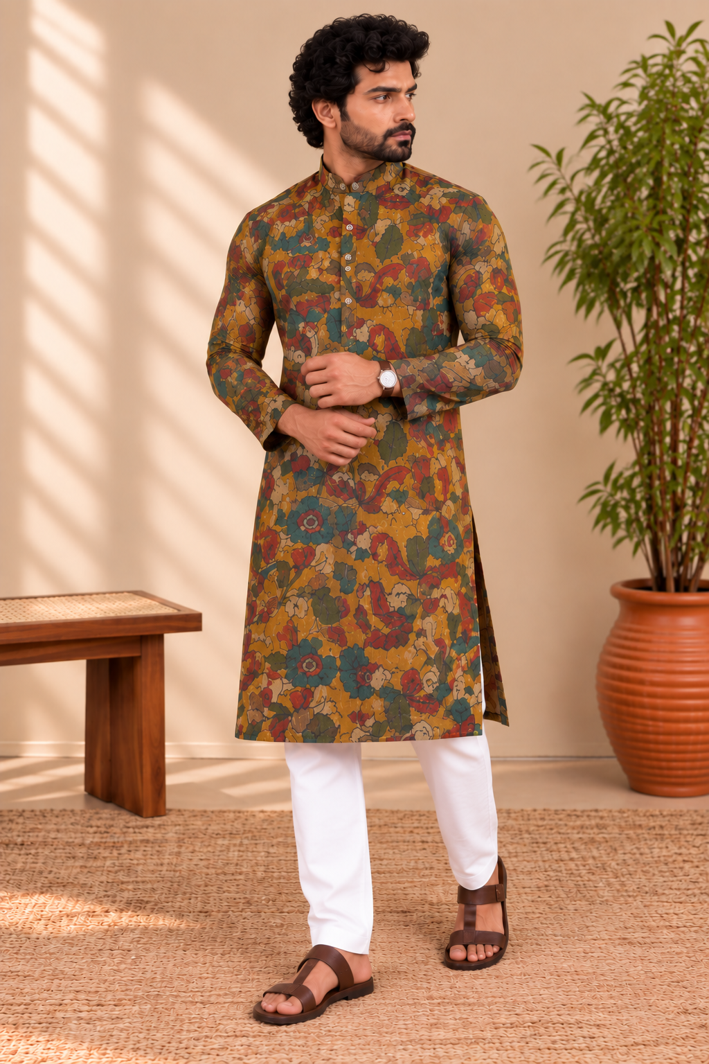 Mustard Gold Floral Kalamkari Kurta – Mogra Chanderi