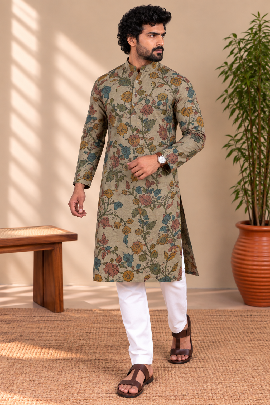 Beige Floral Kalamkari Kurta – Mogra Chanderi