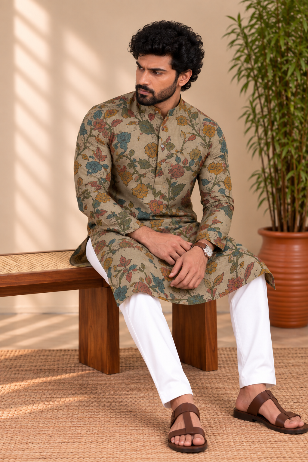 Beige Floral Kalamkari Kurta – Mogra Chanderi