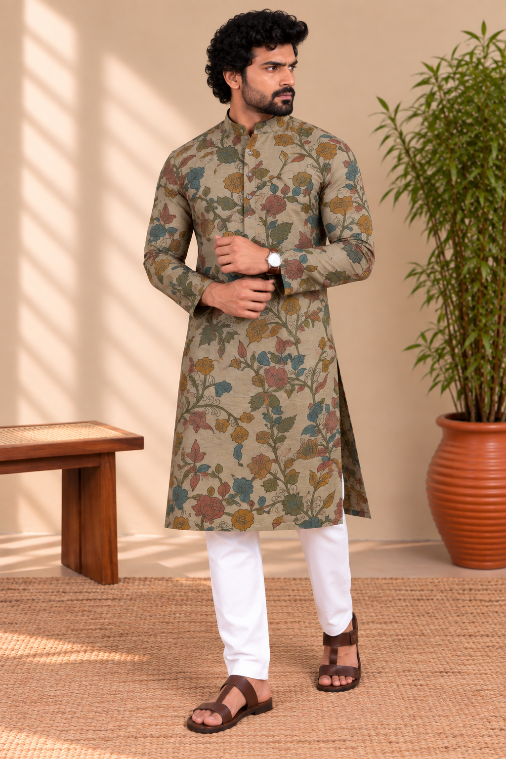 Beige Floral Kalamkari Kurta – Mogra Chanderi