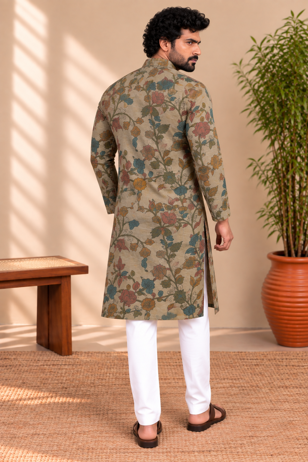Beige Floral Kalamkari Kurta – Mogra Chanderi