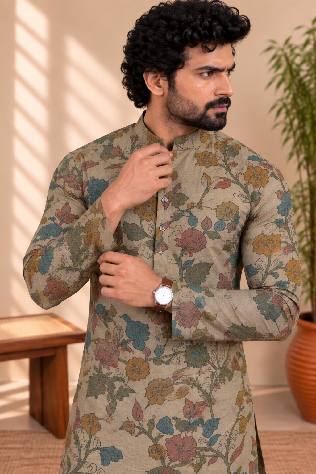 Beige Floral Kalamkari Kurta – Mogra Chanderi