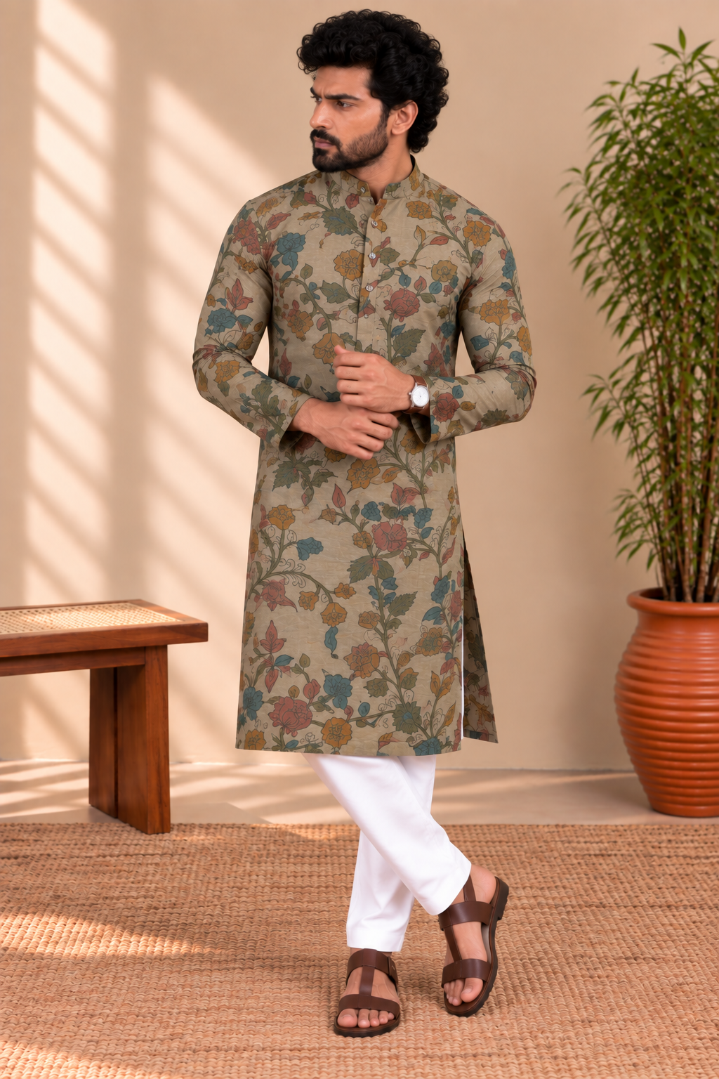 Beige Floral Kalamkari Kurta – Mogra Chanderi