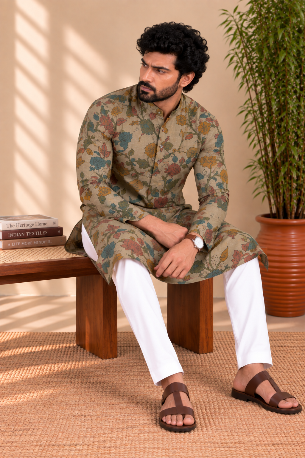 Beige Floral Kalamkari Kurta – Mogra Chanderi