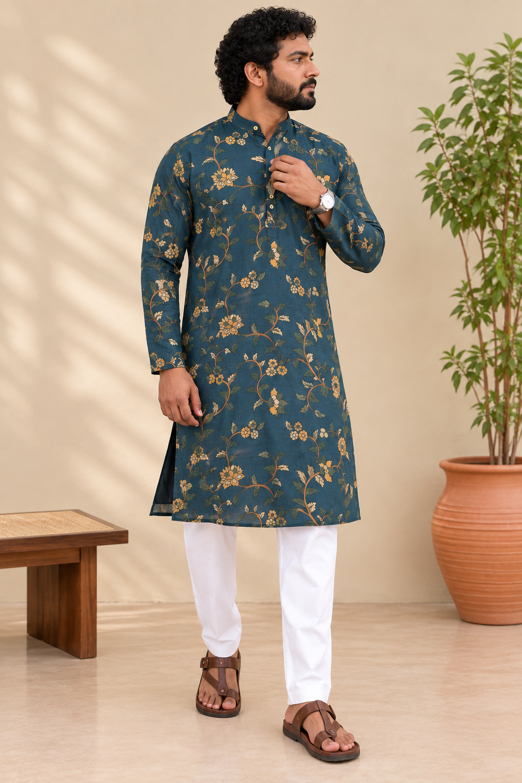 Teal Blue Floral Kalamkari Kurta – Mogra Chanderi