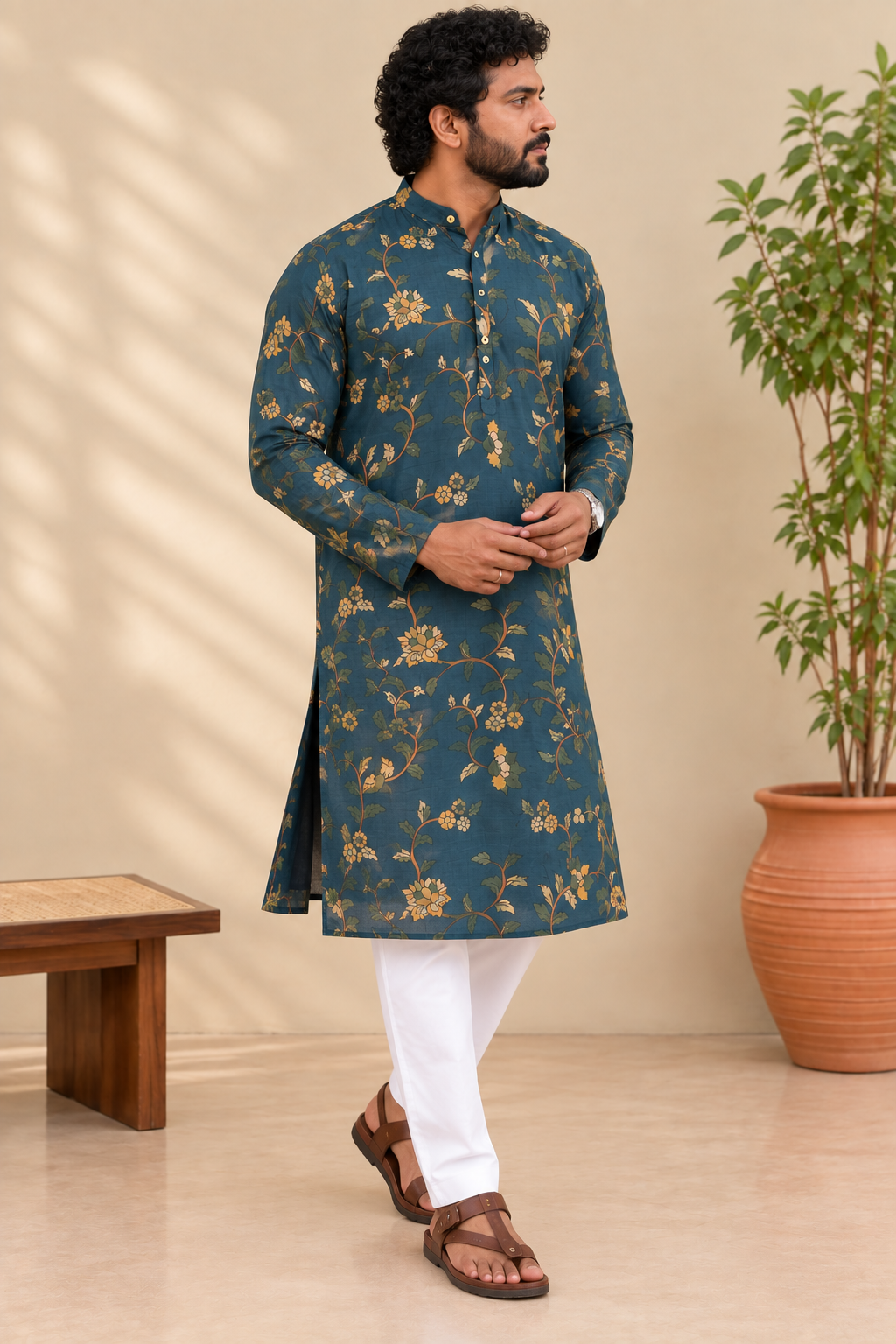Teal Blue Floral Kalamkari Kurta – Mogra Chanderi