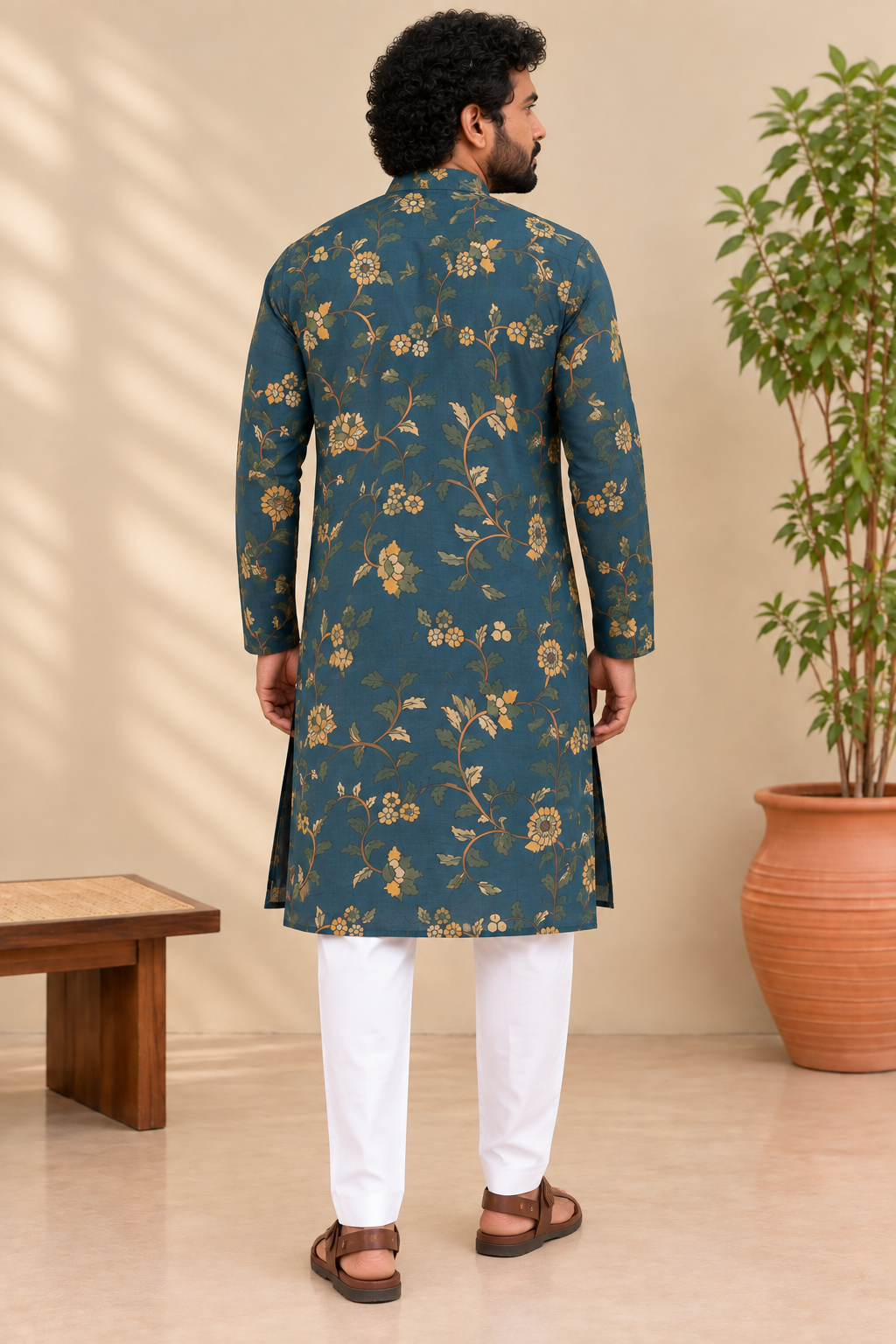 Teal Blue Floral Kalamkari Kurta – Mogra Chanderi