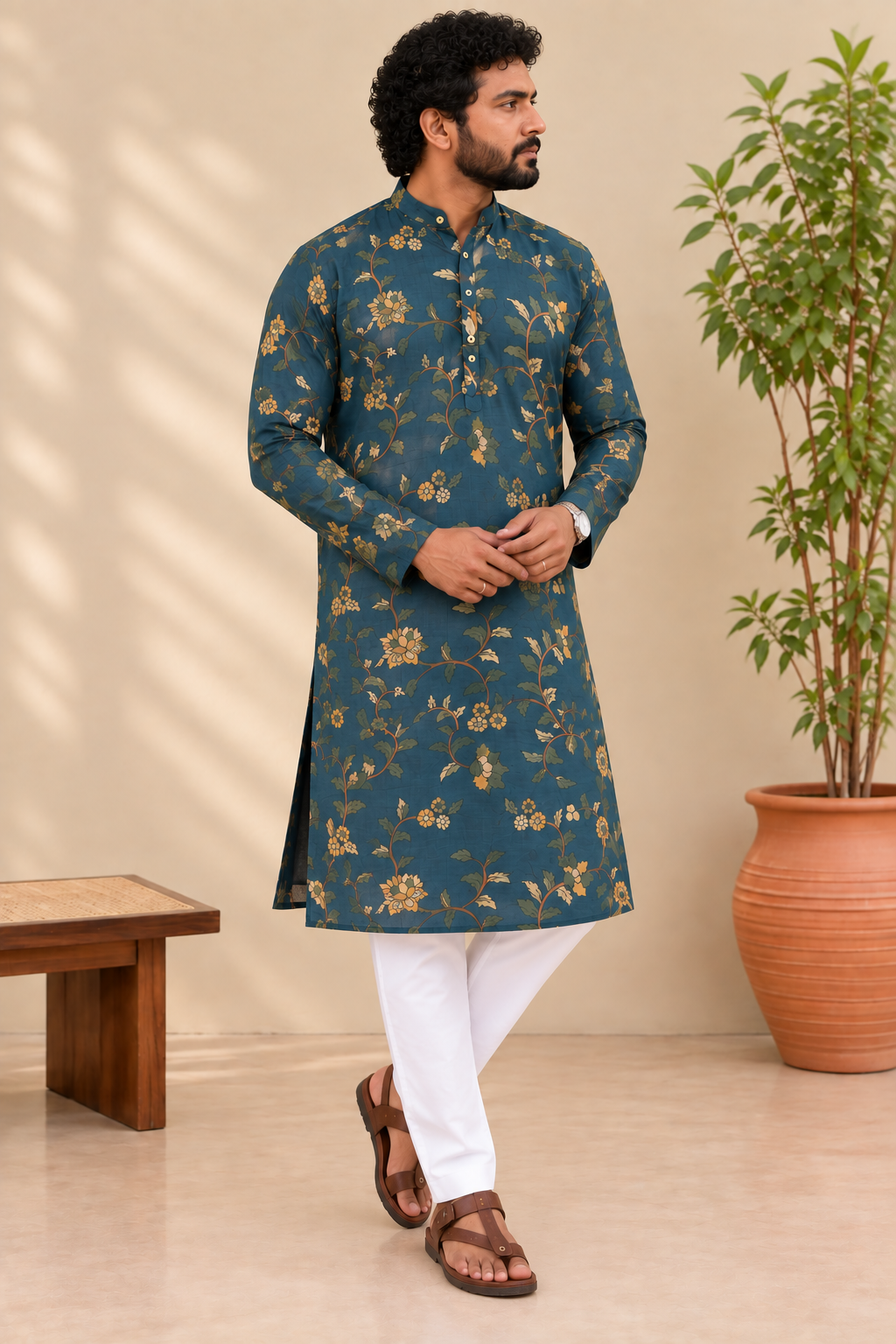 Teal Blue Floral Kalamkari Kurta – Mogra Chanderi