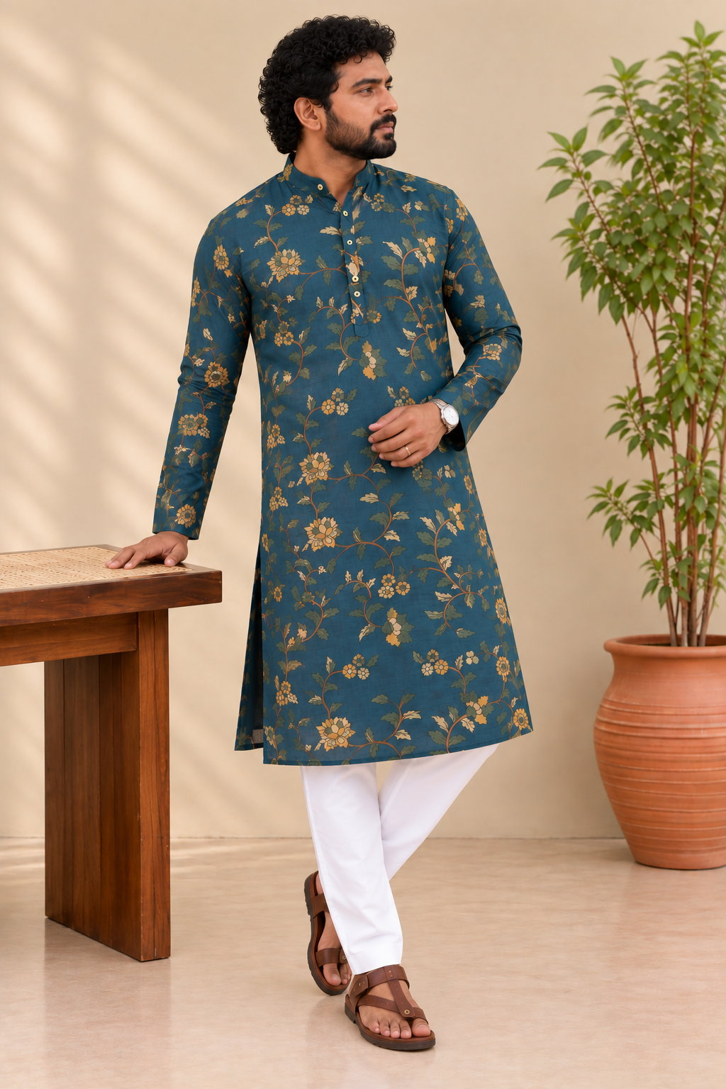 Teal Blue Floral Kalamkari Kurta – Mogra Chanderi