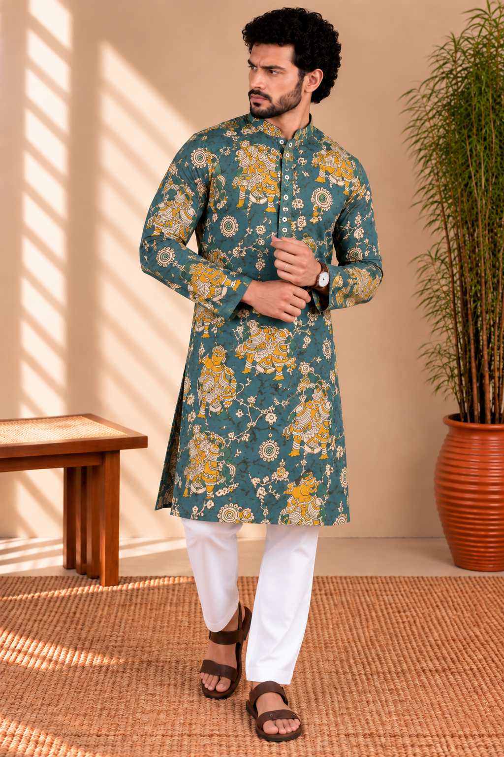 Teal Kalamkari Folk Art Kurta – Mogra Chanderi