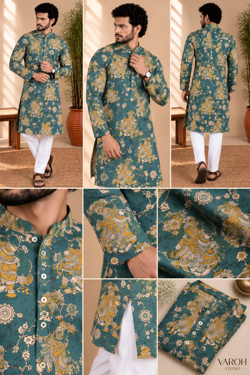 Teal Kalamkari Folk Art Kurta – Mogra Chanderi