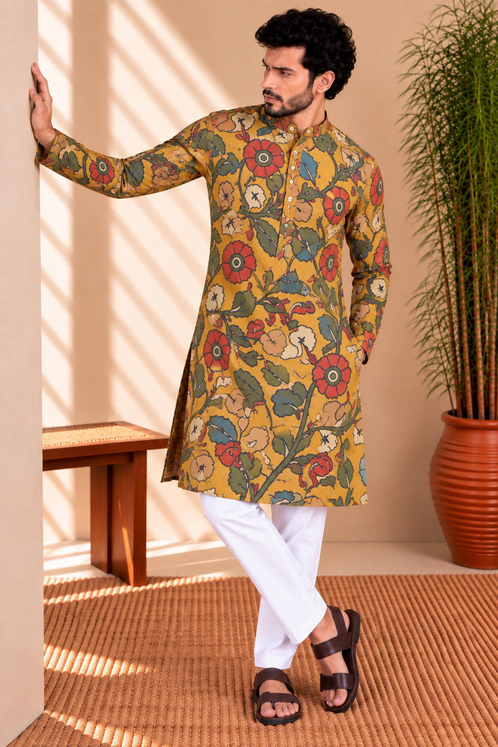 Mustard Floral Kalamkari Kurta – Mogra Chanderi