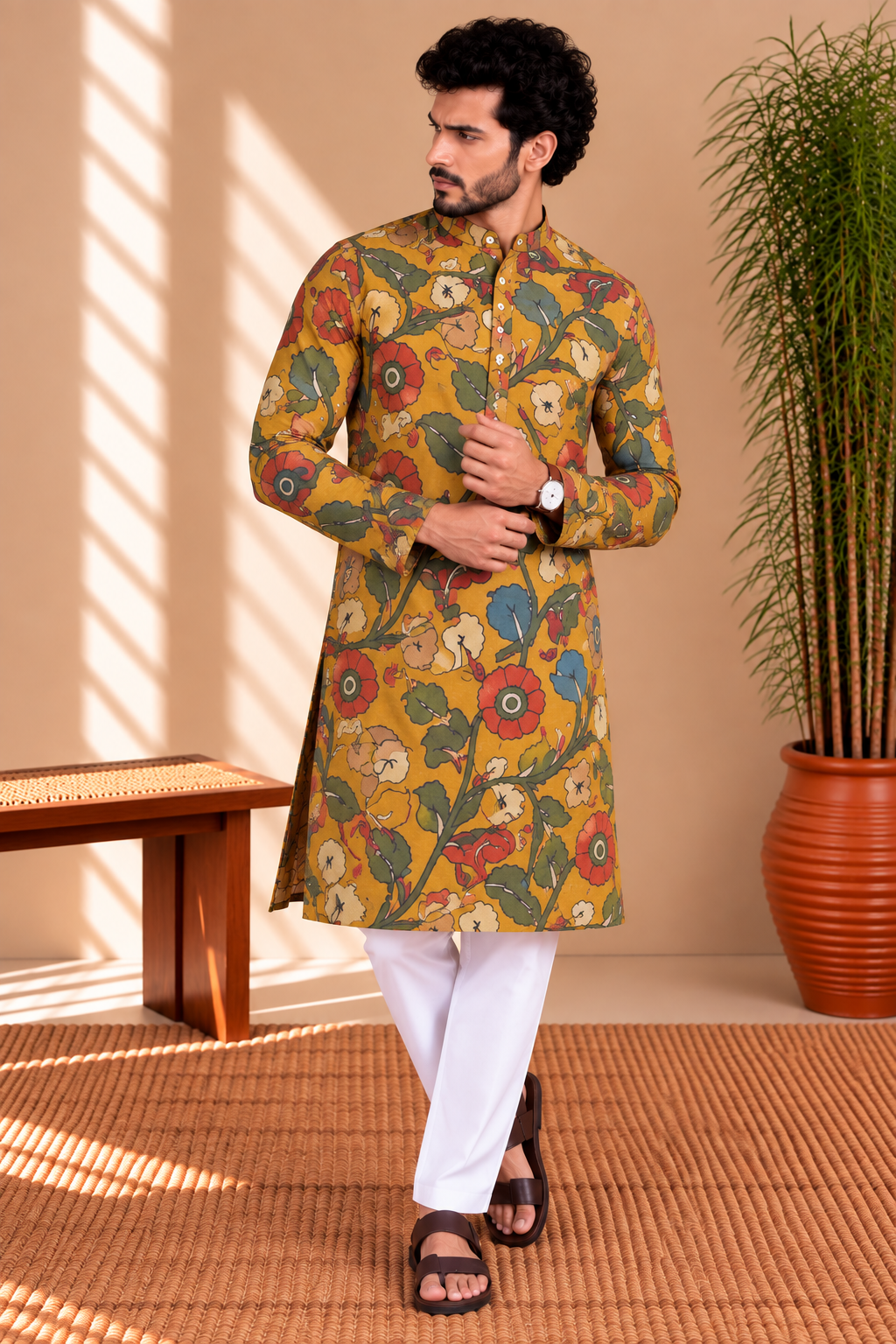 Mustard Floral Kalamkari Kurta – Mogra Chanderi