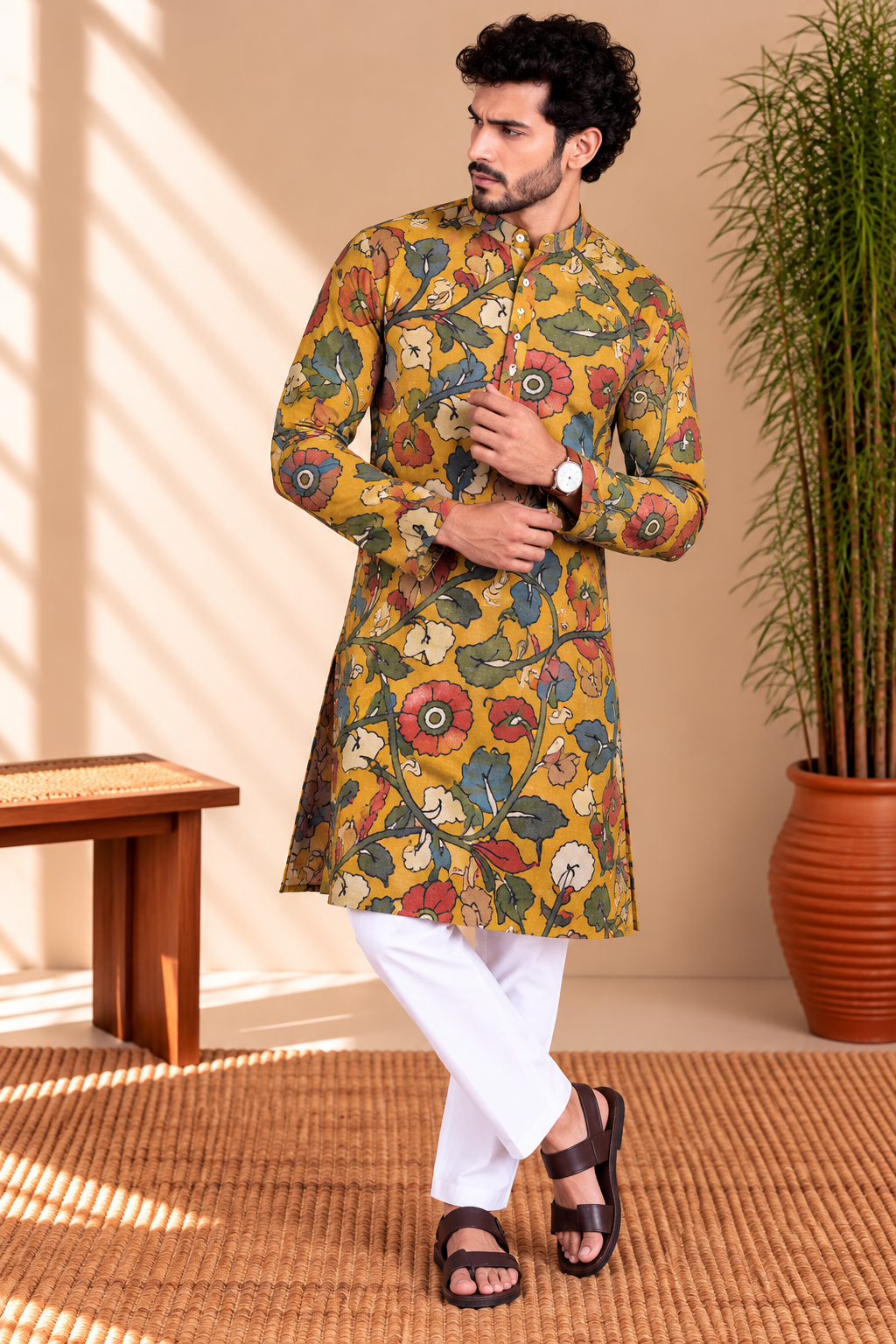 Mustard Floral Kalamkari Kurta – Mogra Chanderi
