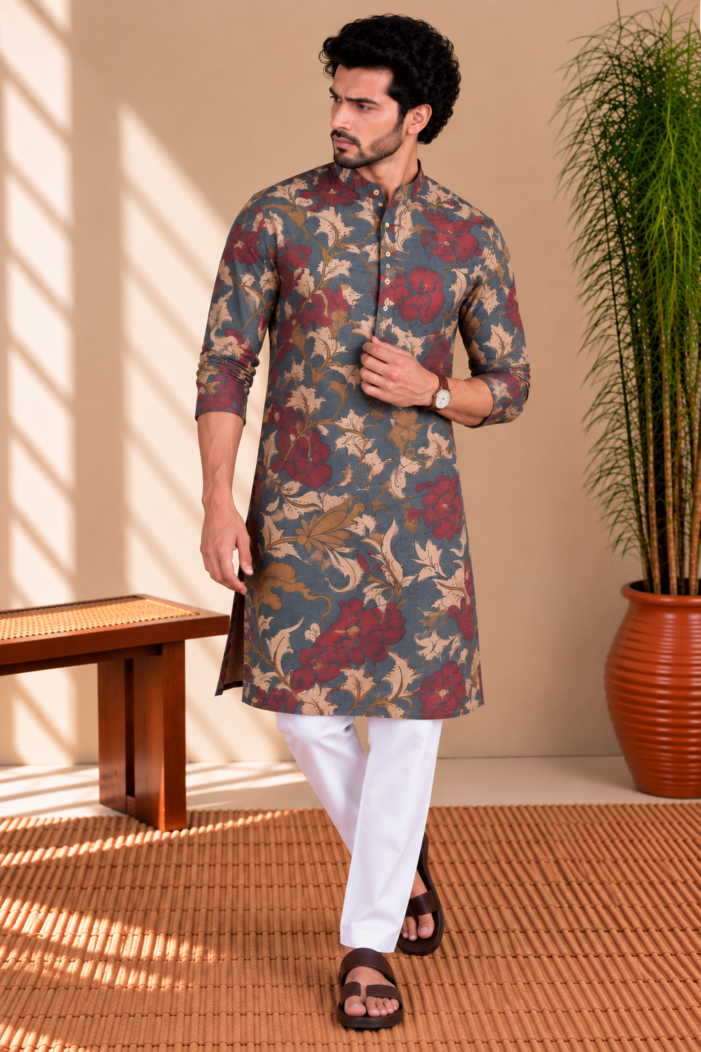 Slate Blue Floral Kalamkari Kurta – Mogra Chanderi