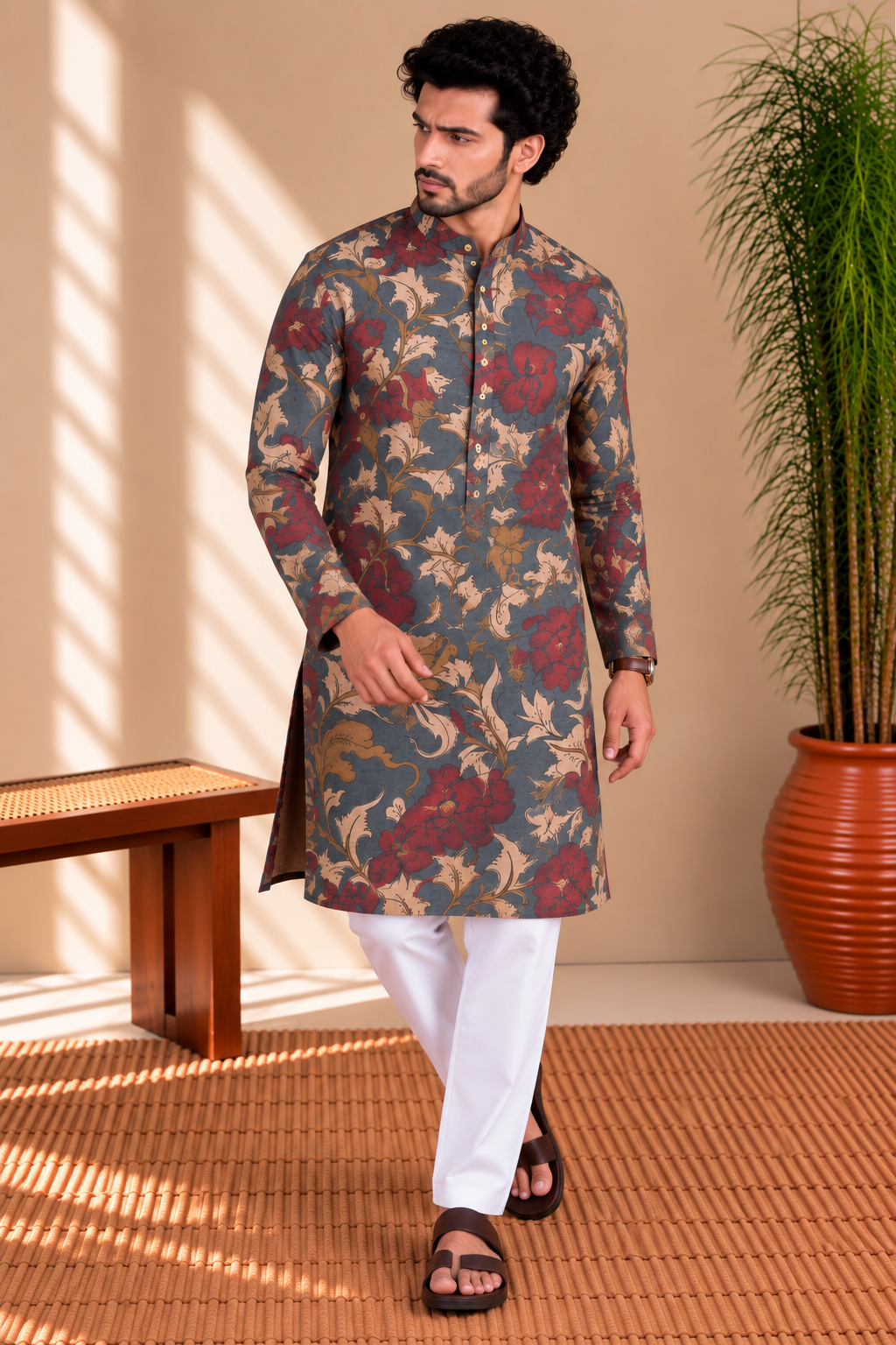 Slate Blue Floral Kalamkari Kurta – Mogra Chanderi