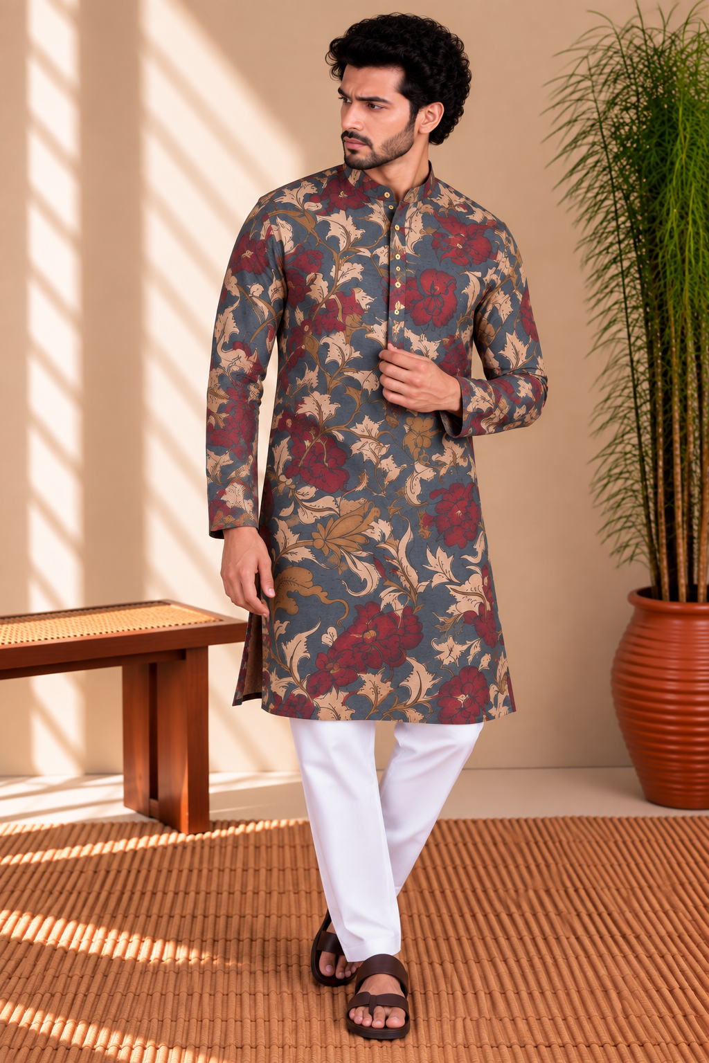 Slate Blue Floral Kalamkari Kurta – Mogra Chanderi