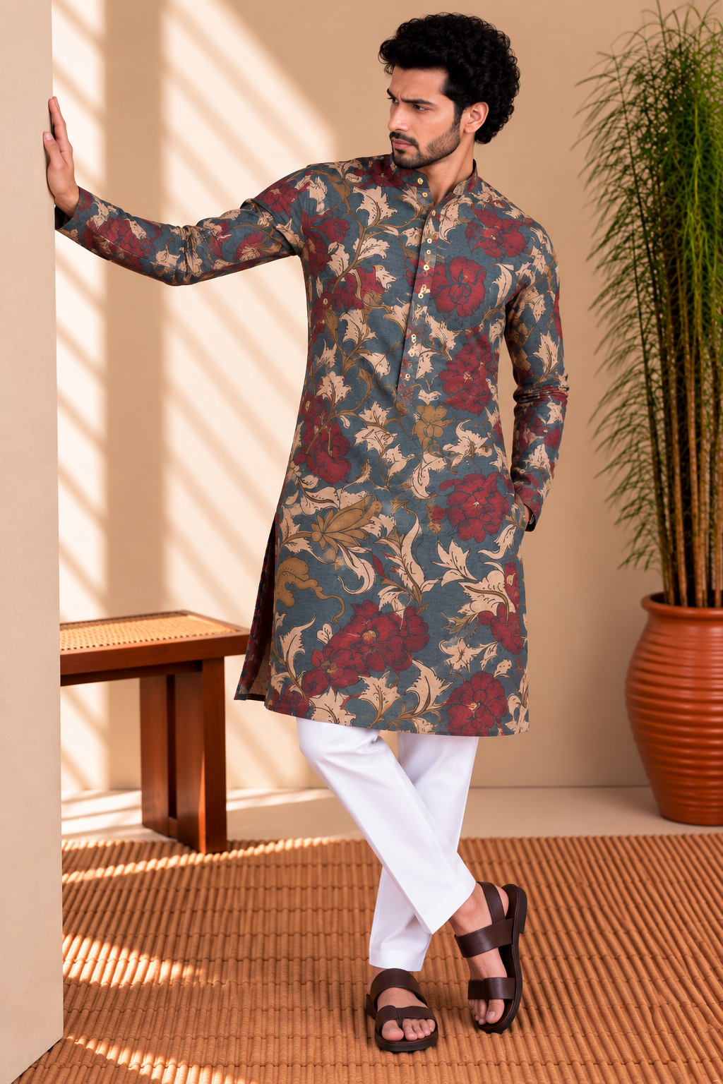 Slate Blue Floral Kalamkari Kurta – Mogra Chanderi