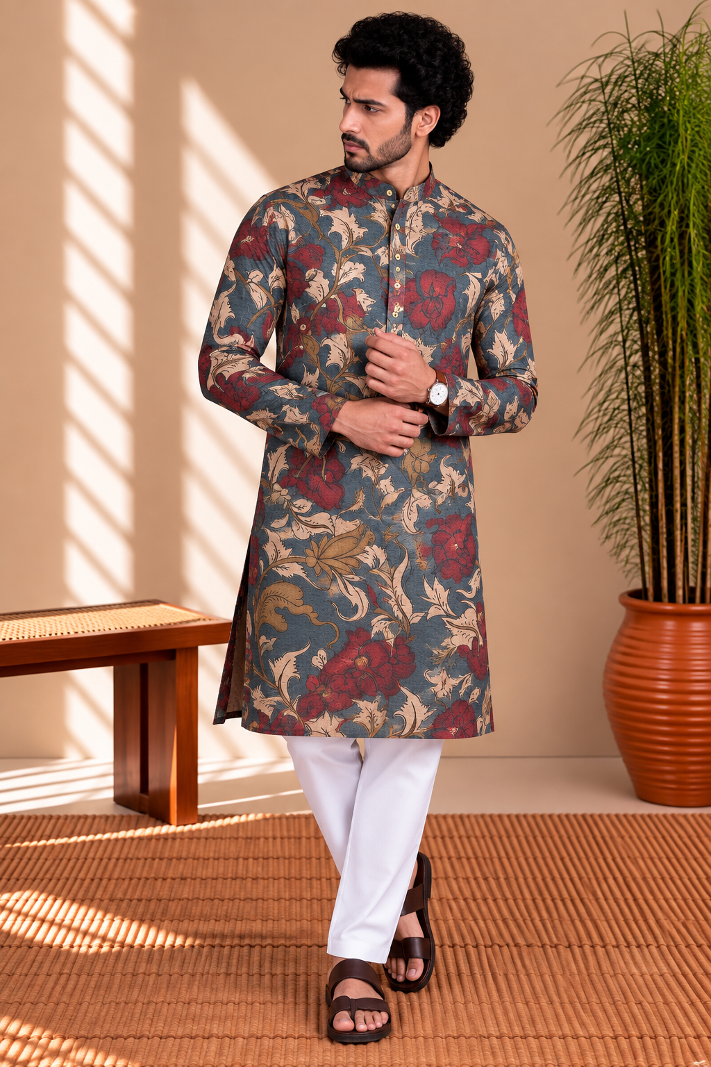 Slate Blue Floral Kalamkari Kurta – Mogra Chanderi