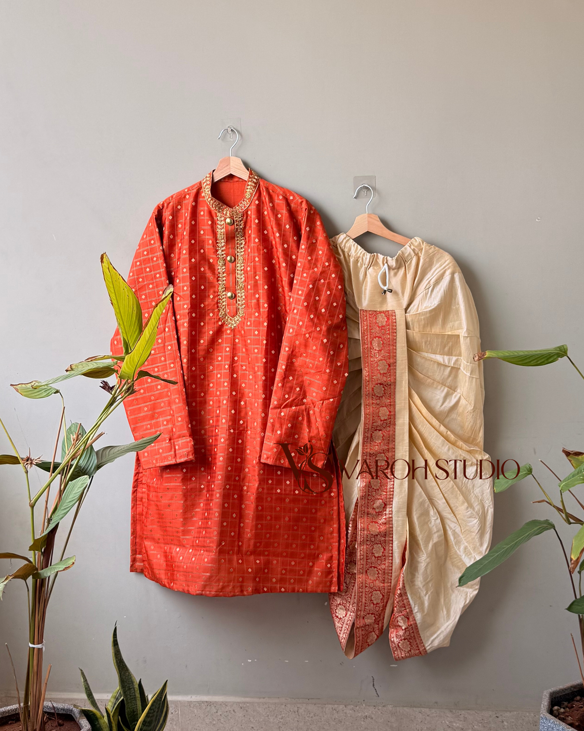 Banaras Silk Vintage Checks Dhoti Set – Orange & Antique Gold
