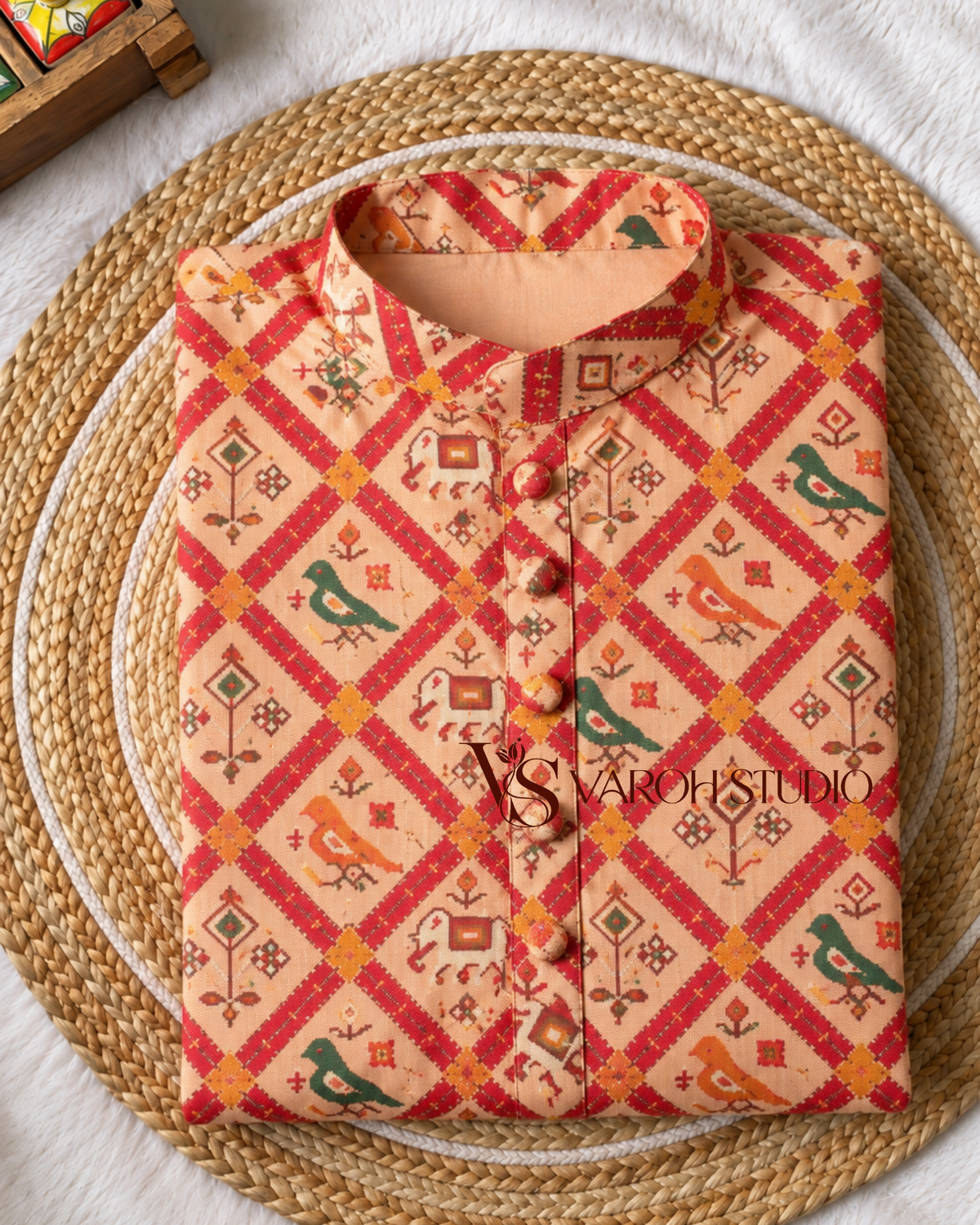 Patola Peach Beige Kalamkari Print Men’s Kurta