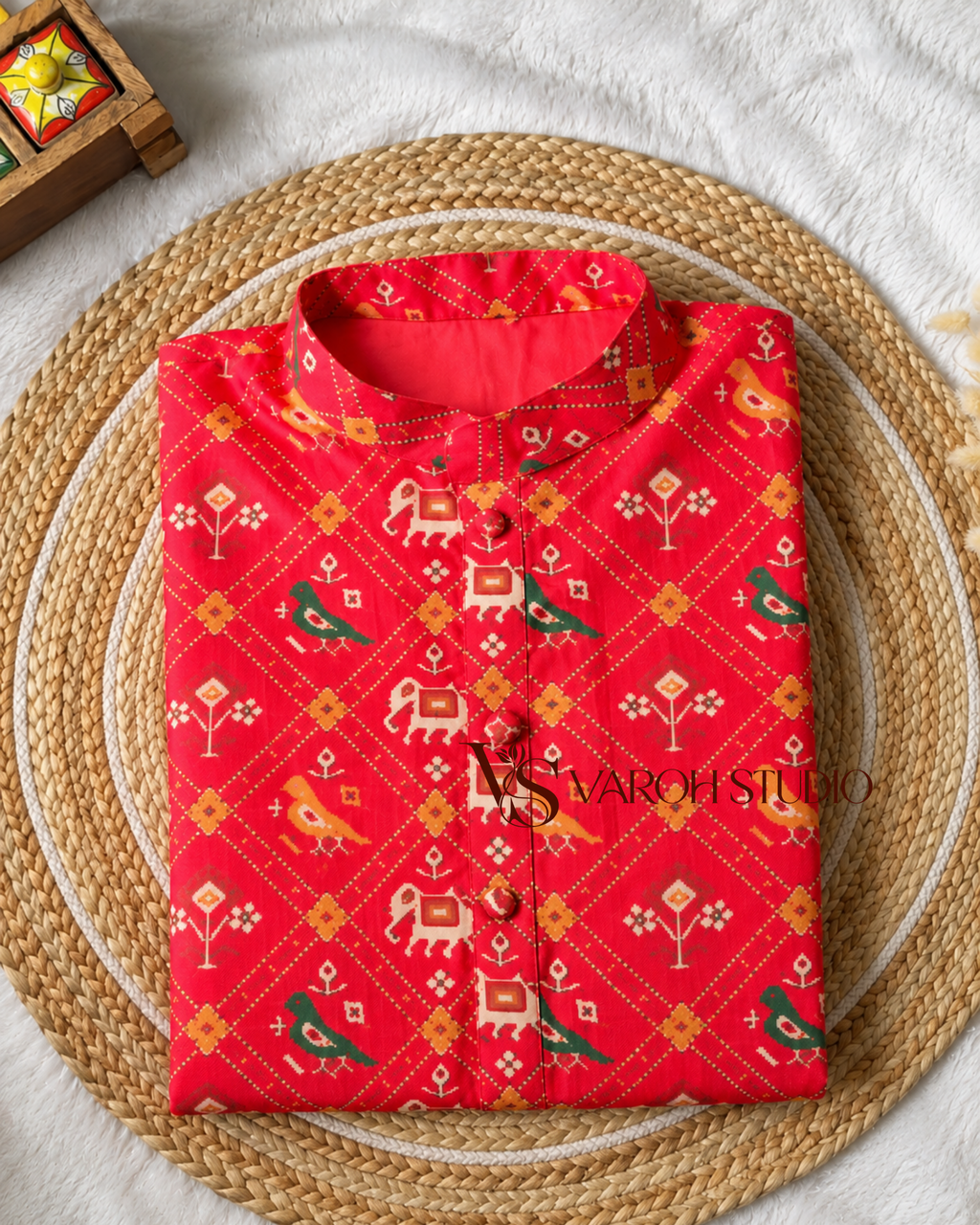 Patola Crimson Red Kalamkari Print Men’s Kurta