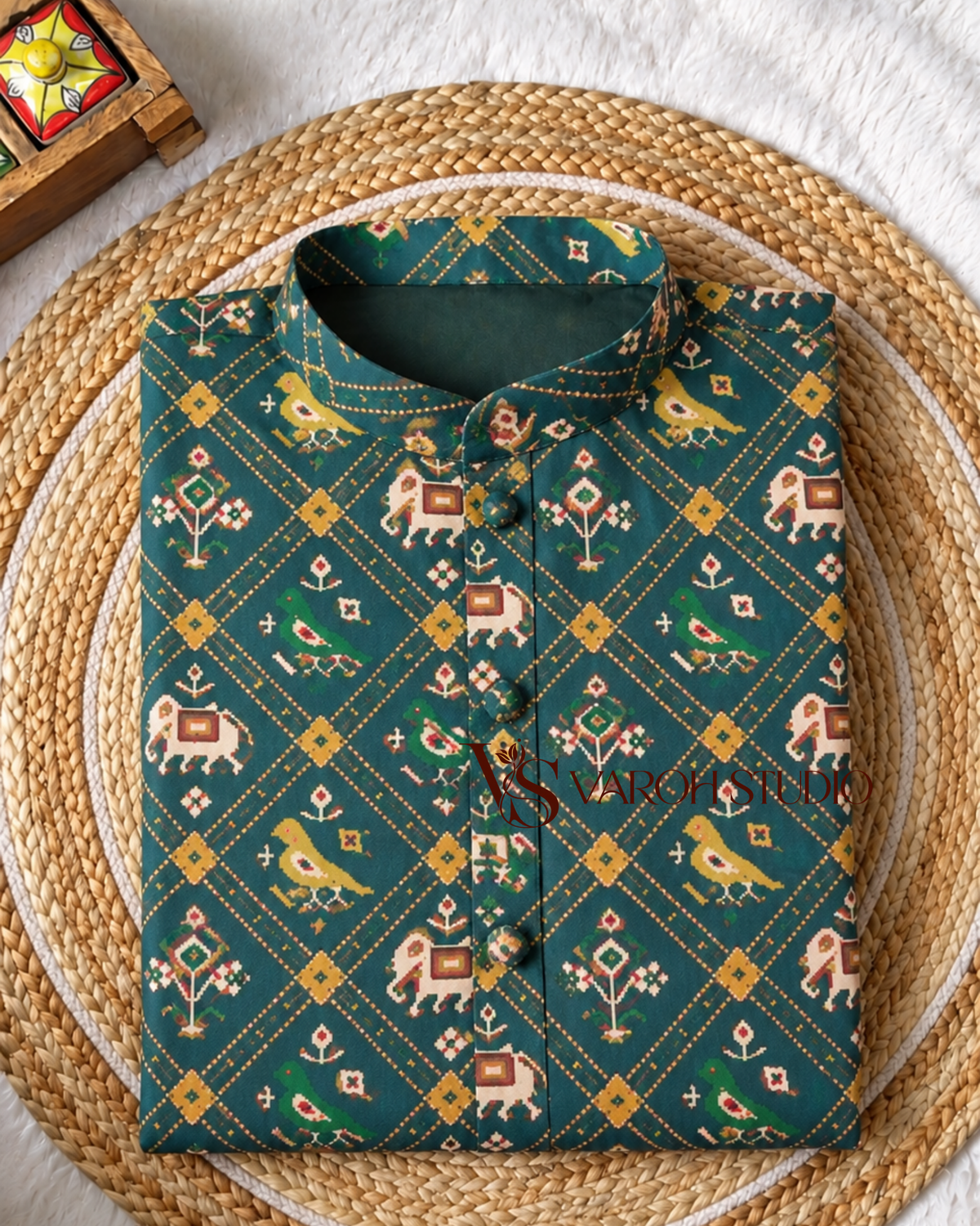 Patola Teal Green Kalamkari Print Men’s Kurta