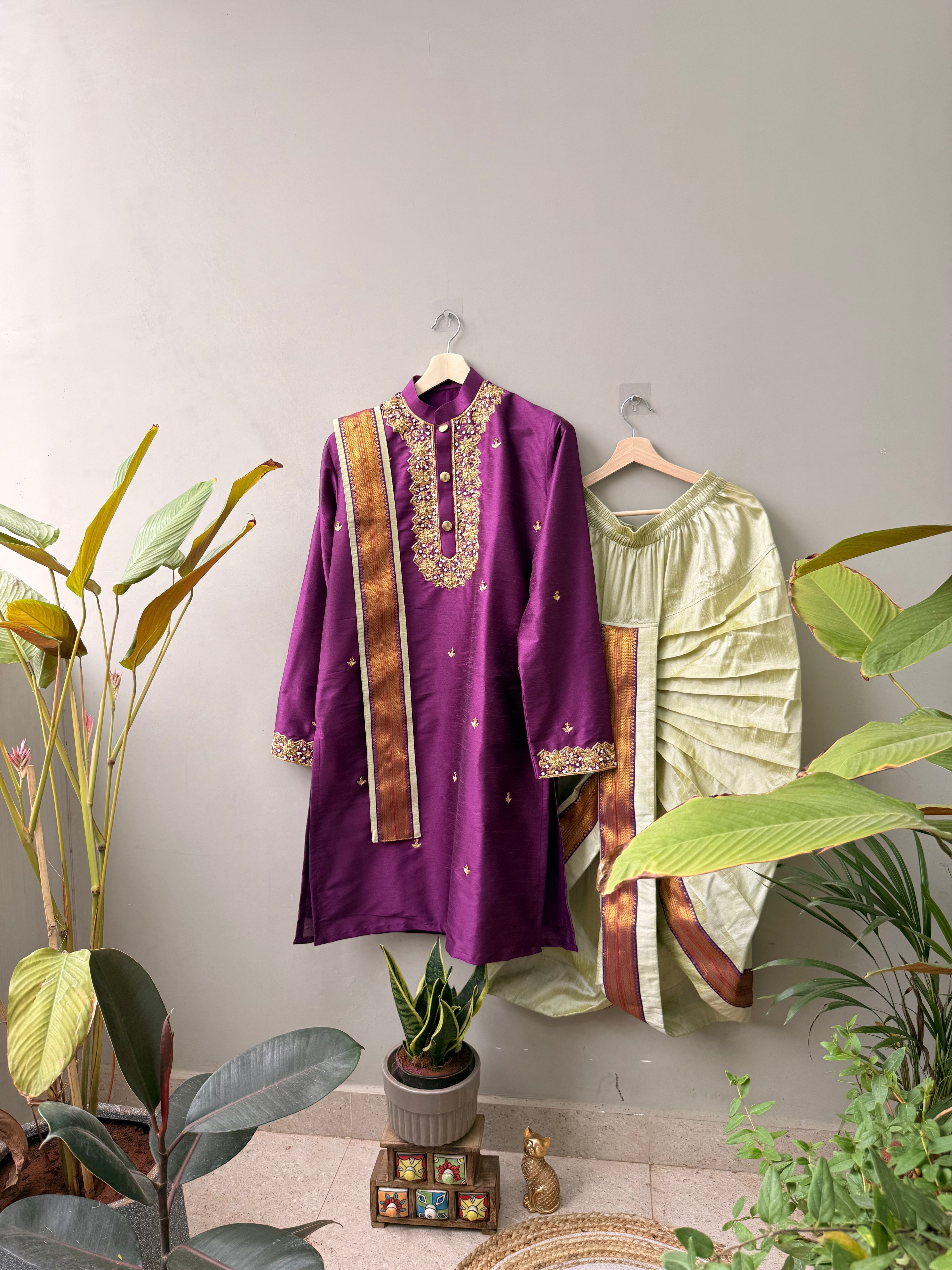 Royal Plum Heavy Zardosi Kurta Dhoti Set