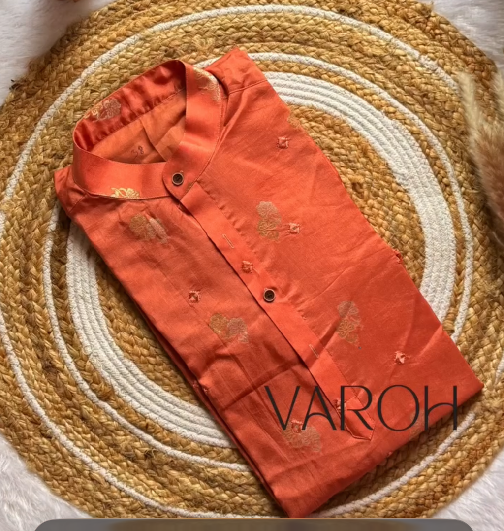 Russian Silk Coral Sunset Printed Kurta