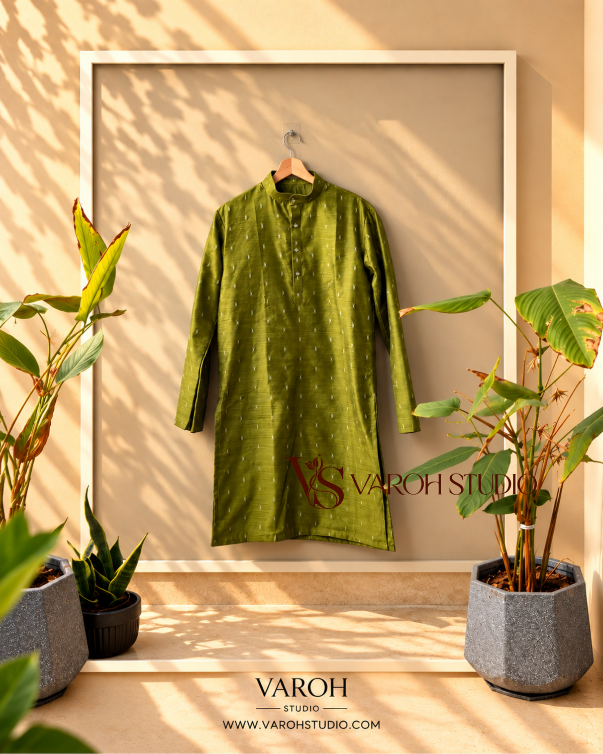 Olive Green Raw Silk Men's Kurta