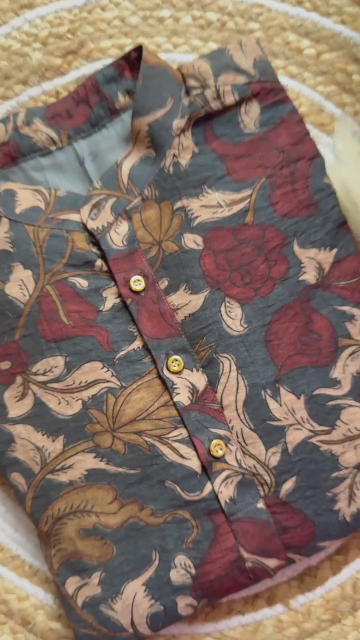 Slate Blue Floral Kalamkari Kurta – Chanderi