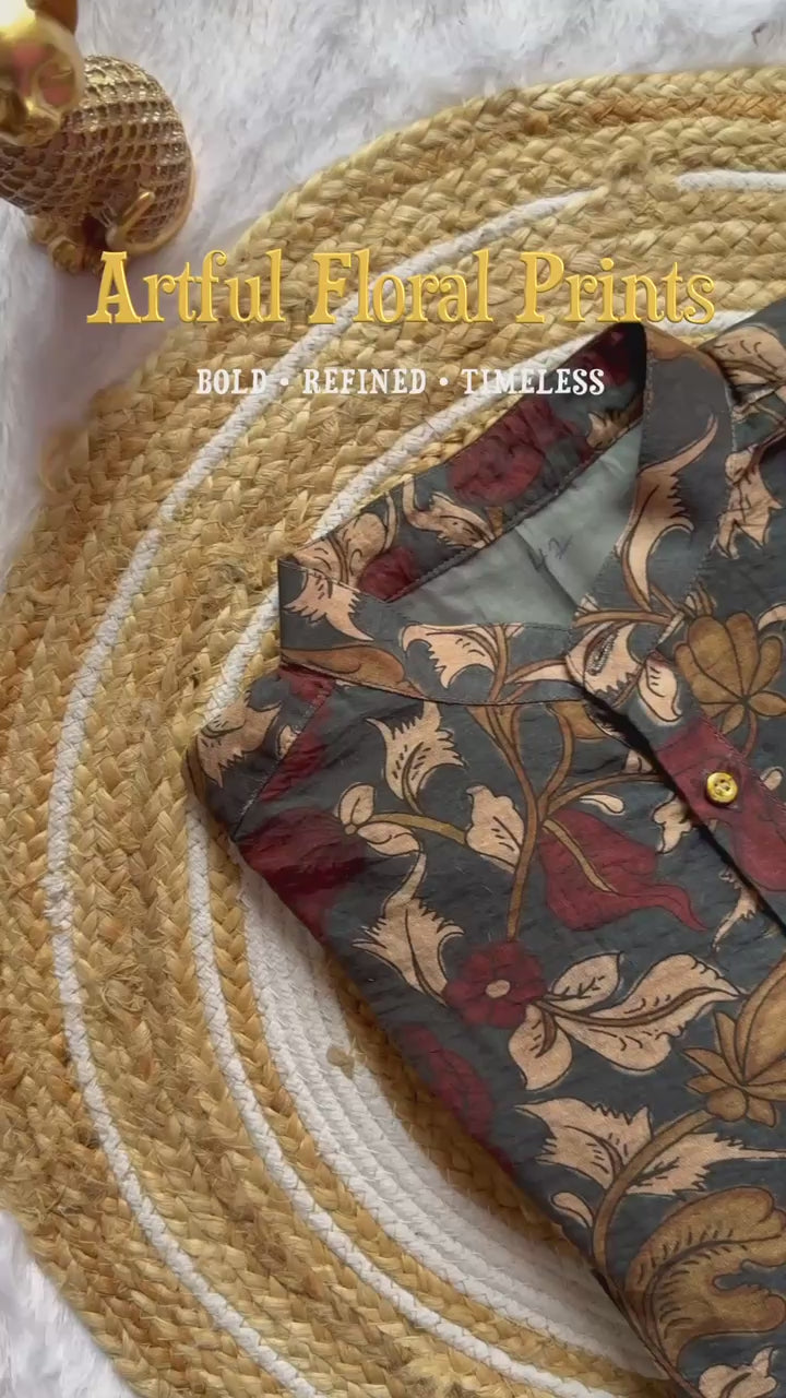 Slate Blue Floral Kalamkari Kurta – Chanderi
